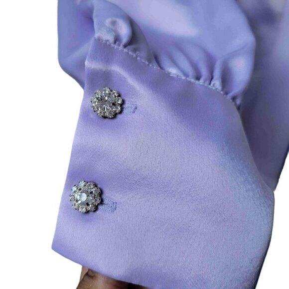 LEDAíR Lilac Long Sleeve V Neck Button Front Draped Hem Dress Blouse Medium - Picture 6 of 12